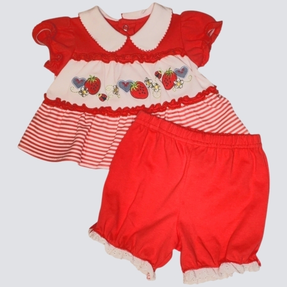 Okie Dokie 2 Piece Top & Bloomer Set Red|White Strawberry Baby Girls 3-6M - Picture 1 of 4